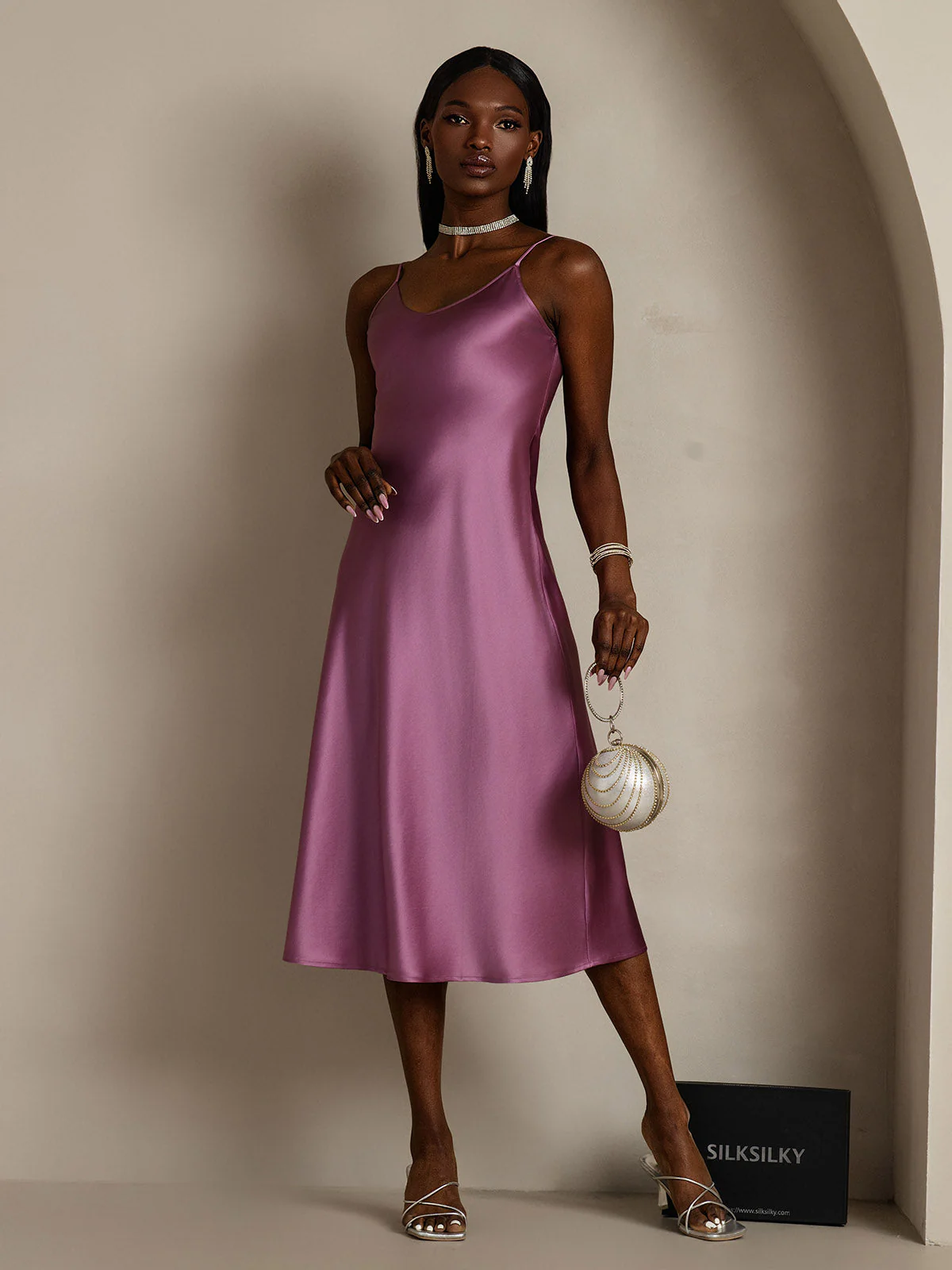 Women's Pure Silk Spaghetti Strap V-neck Midi Nightdress - Image 71