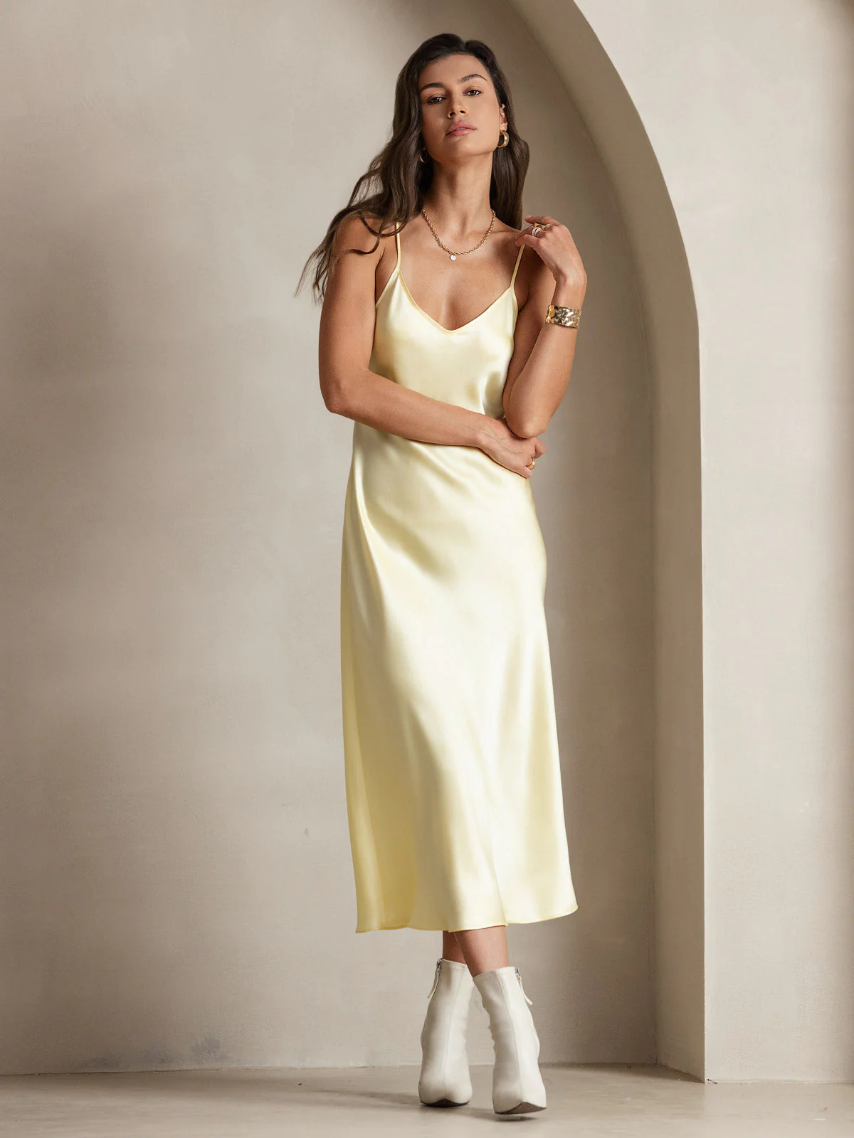 100% Mulberry Silk Spaghetti Strap Midi Long Dress - Image 35