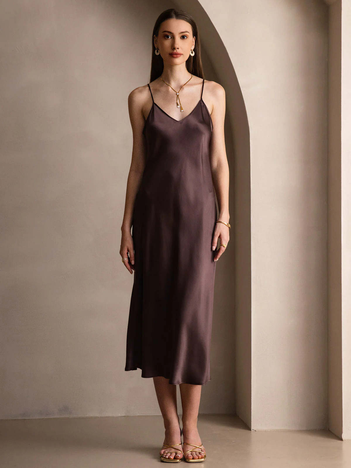 100% Mulberry Silk Spaghetti Strap Midi Long Dress - Image 39