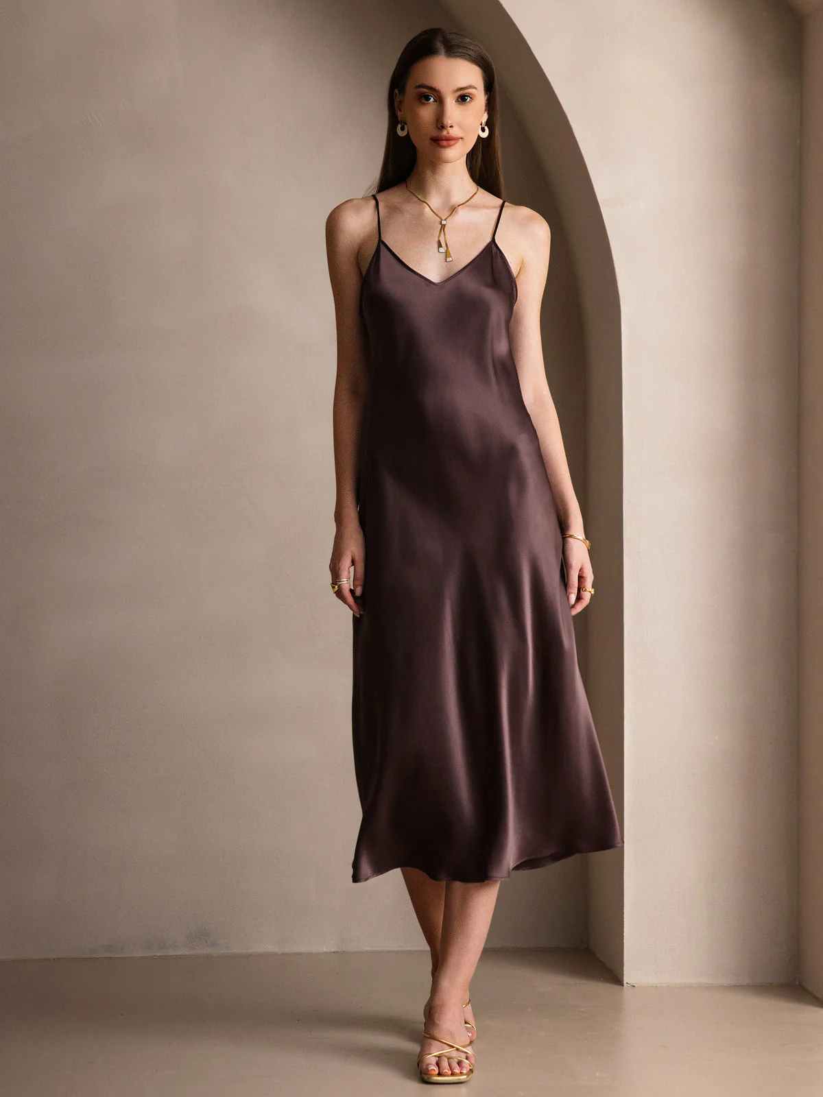 100% Mulberry Silk Spaghetti Strap Midi Long Dress - Image 42