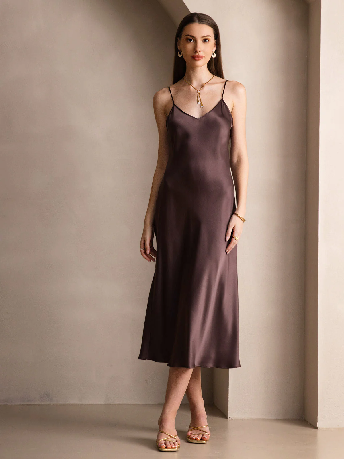100% Mulberry Silk Spaghetti Strap Midi Long Dress - Image 44