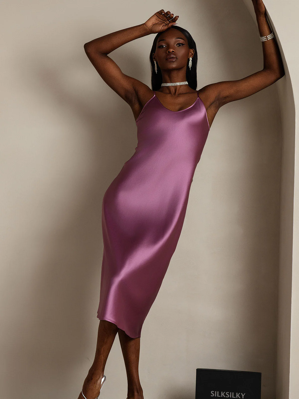 100% Mulberry Silk Spaghetti Strap Midi Long Dress - Image 61