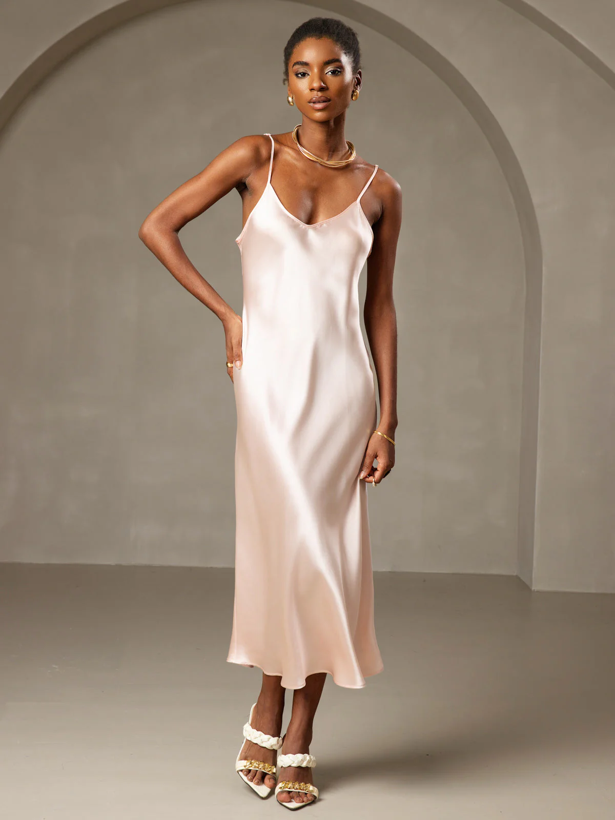 100% Mulberry Silk Spaghetti Strap Midi Long Dress - Image 78