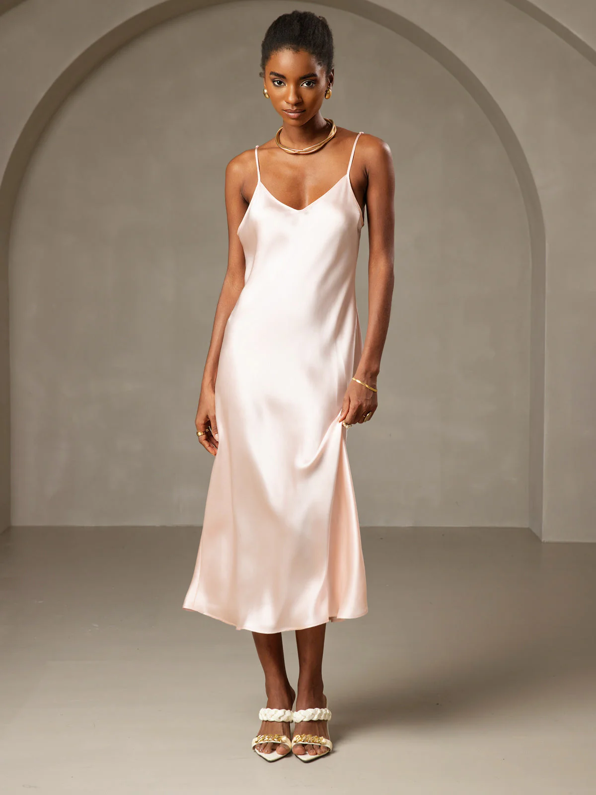 100% Mulberry Silk Spaghetti Strap Midi Long Dress - Image 79