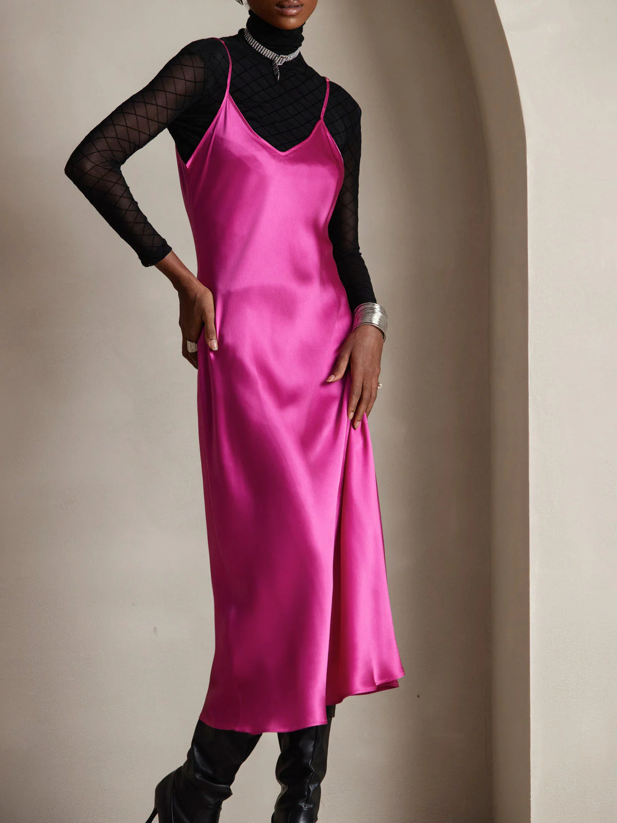 100% Mulberry Silk Spaghetti Strap Midi Long Dress - Image 86