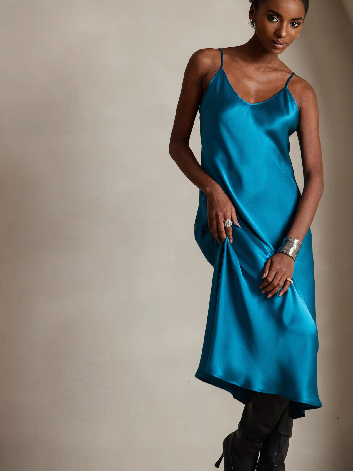 100% Mulberry Silk Spaghetti Strap Midi Long Dress - Image 89