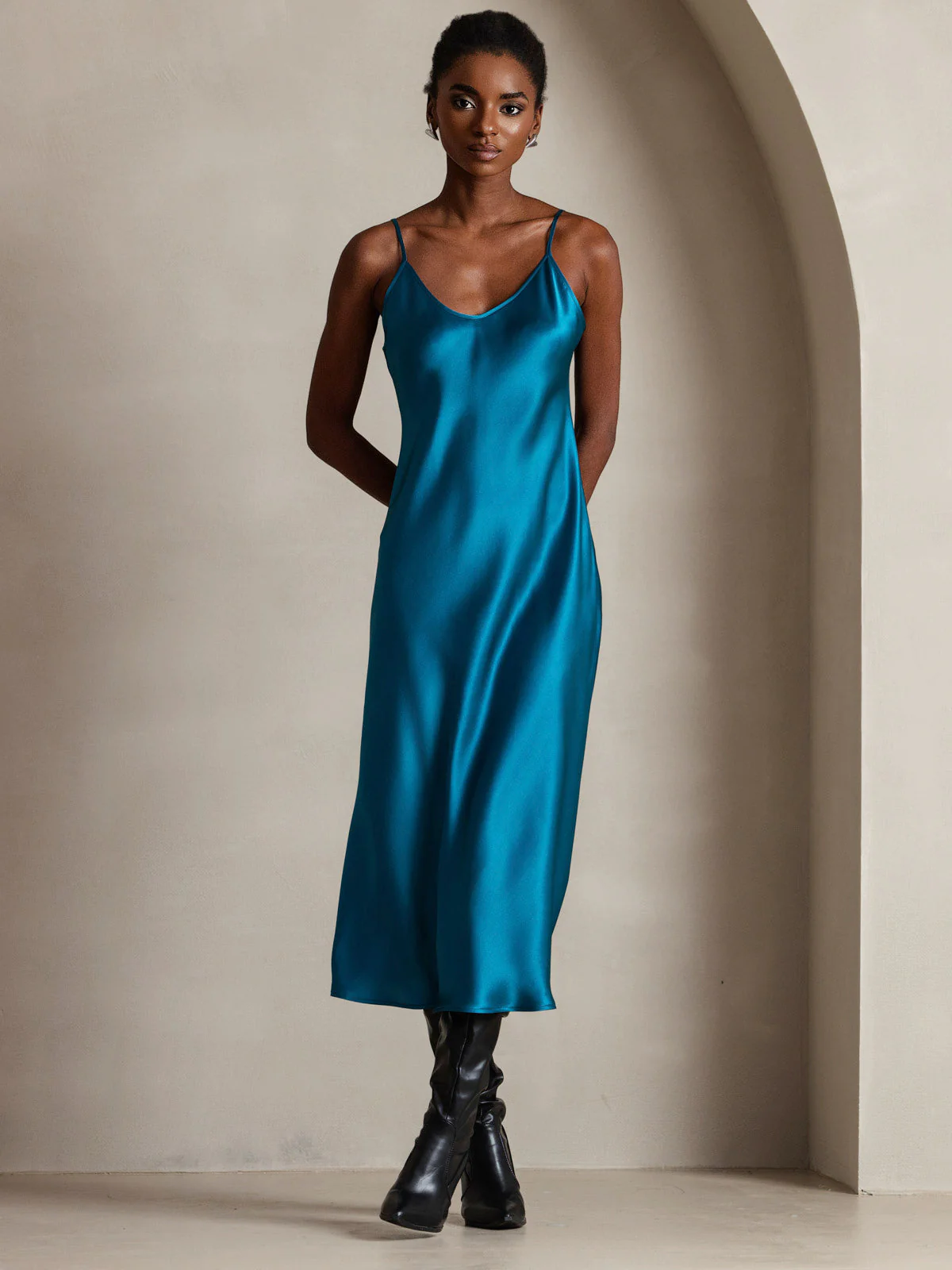 100% Mulberry Silk Spaghetti Strap Midi Long Dress - Image 91