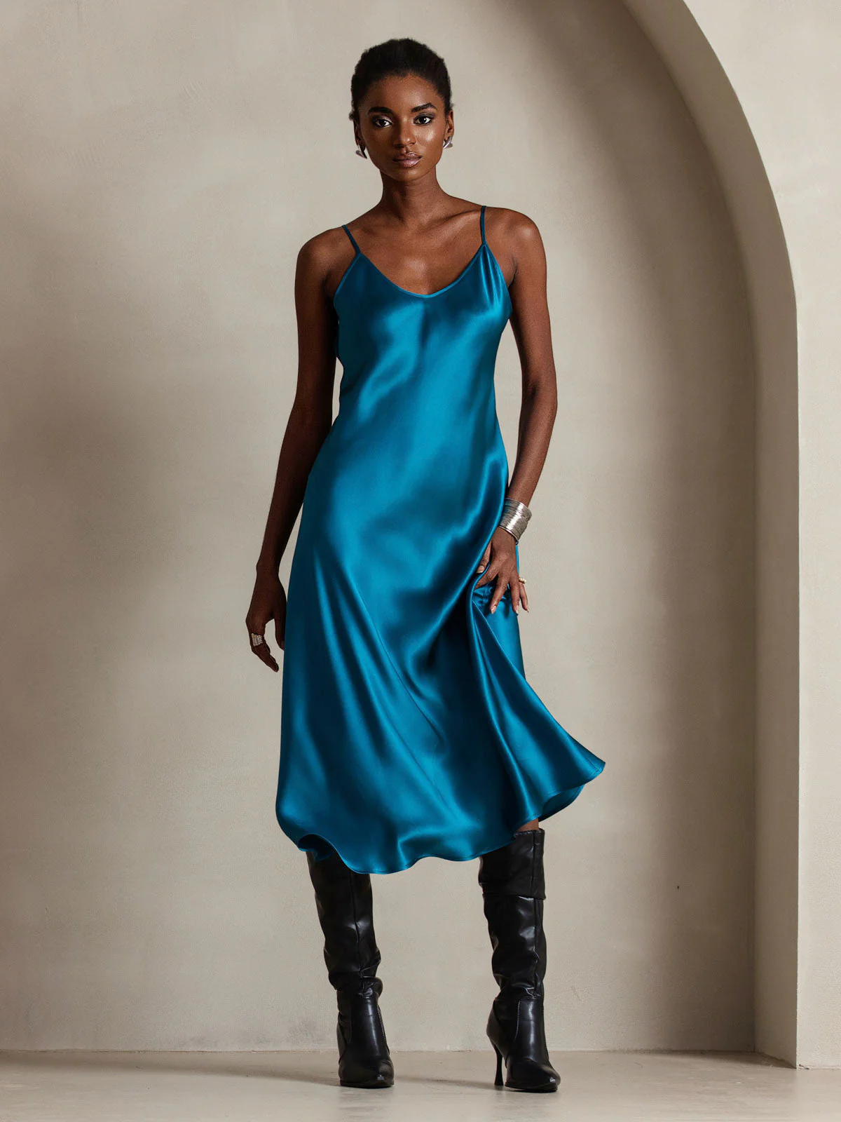 100% Mulberry Silk Spaghetti Strap Midi Long Dress - Image 92