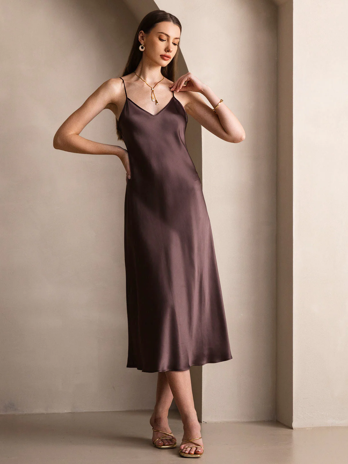 Pure Silk Spaghetti Strap V Neck Midi Dress - Image 20