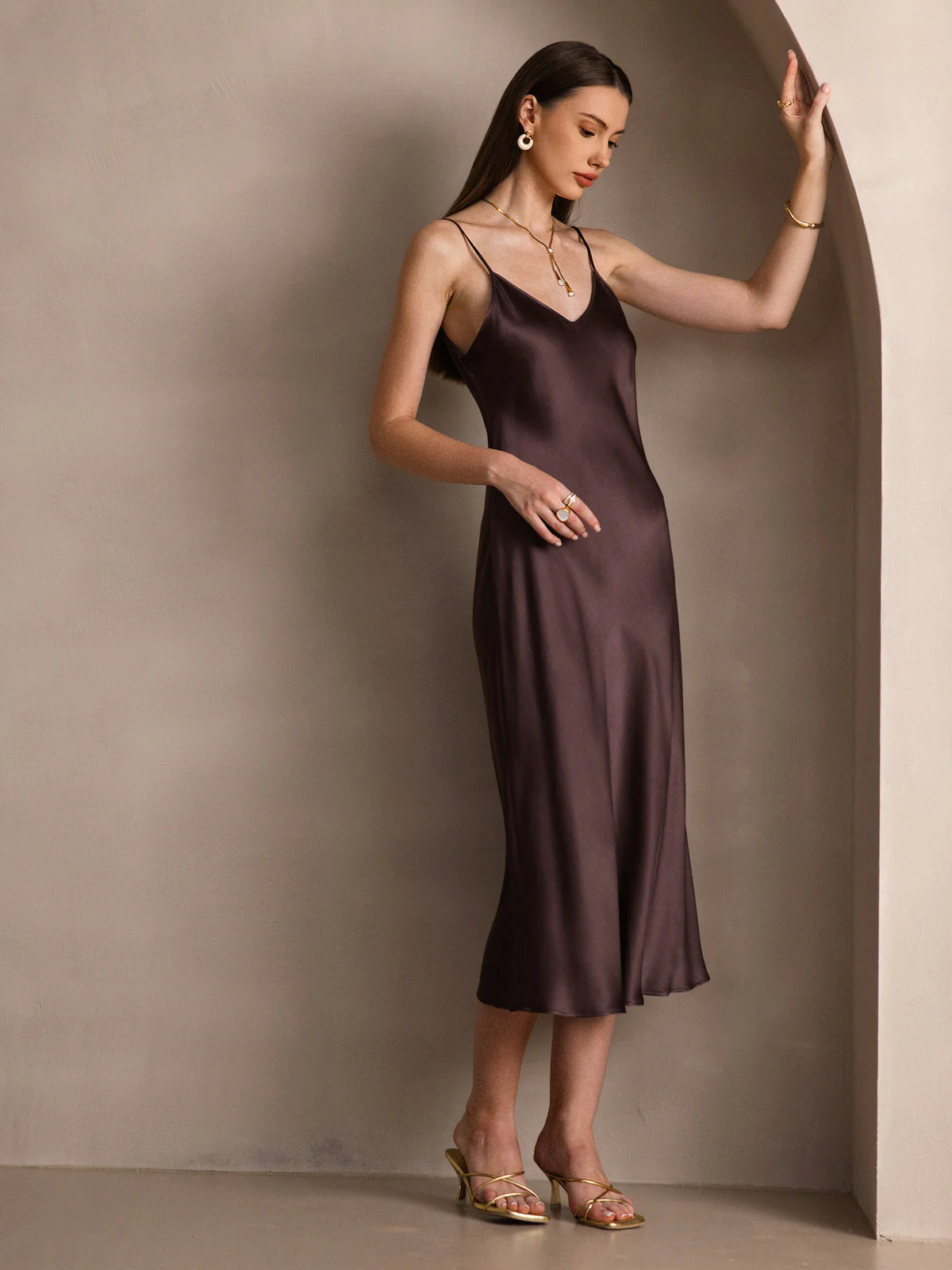 Pure Silk Spaghetti Strap V Neck Midi Dress - Image 22