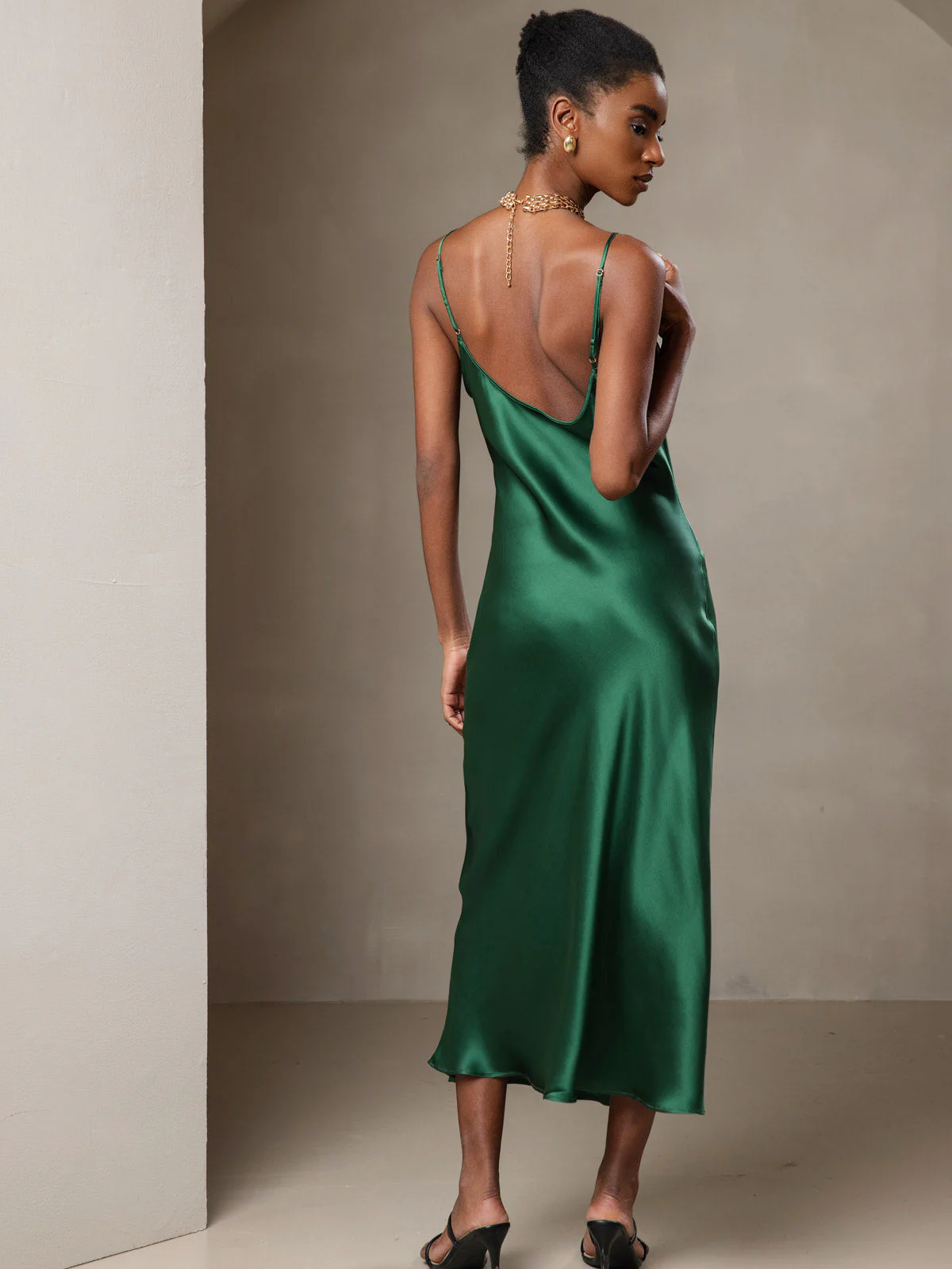 Pure Silk Spaghetti Strap V Neck Midi Dress - Image 30