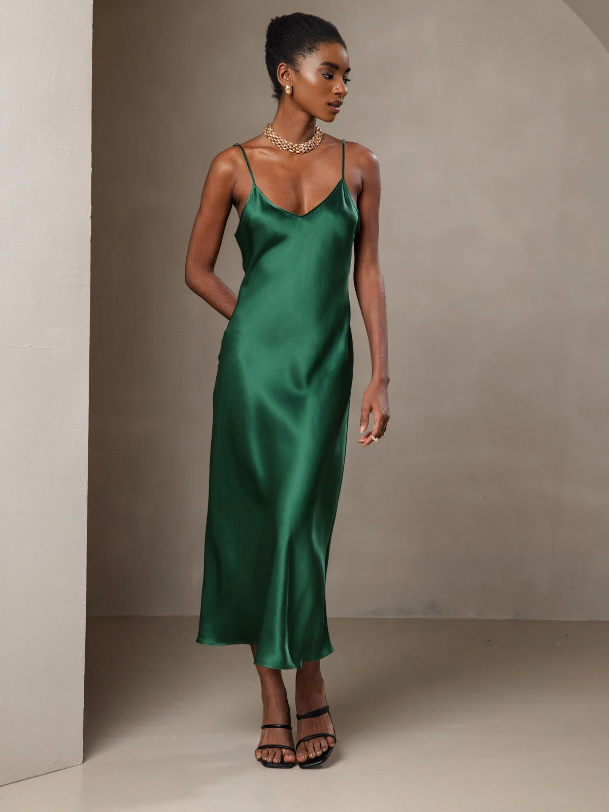 Pure Silk Spaghetti Strap V Neck Midi Dress - Image 33
