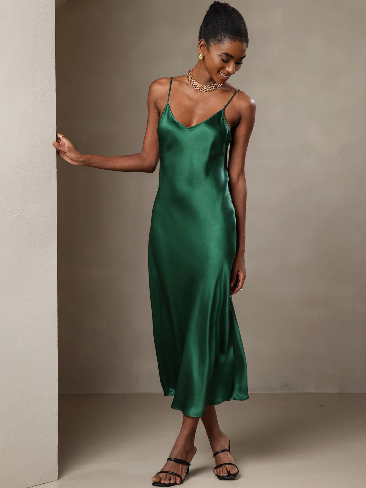Pure Silk Spaghetti Strap V Neck Midi Dress - Image 35