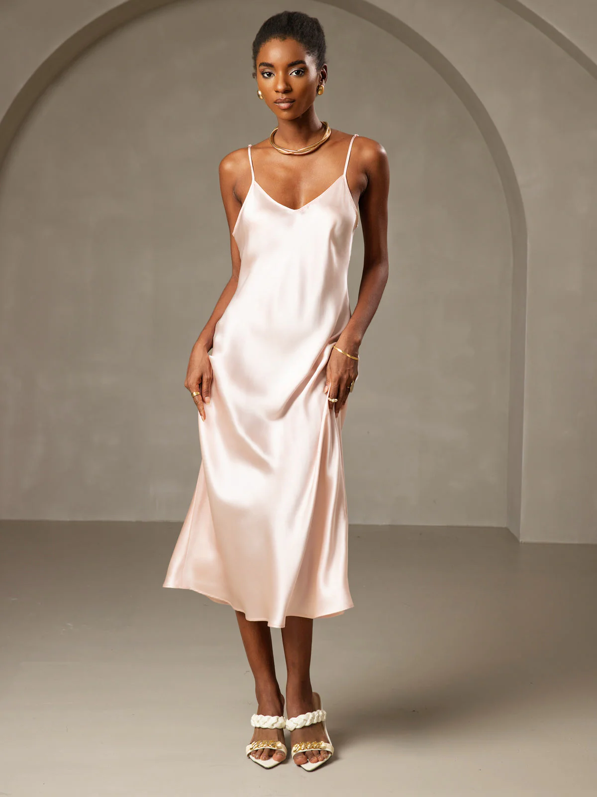Pure Silk Spaghetti Strap V Neck Midi Dress - Image 36