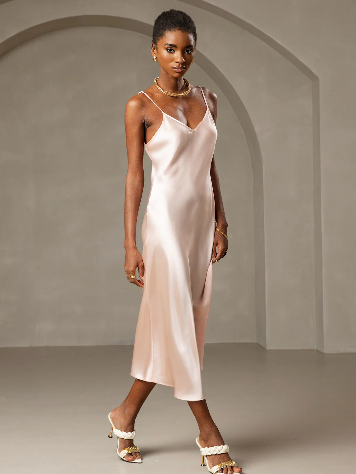 Pure Silk Spaghetti Strap V Neck Midi Dress - Image 38