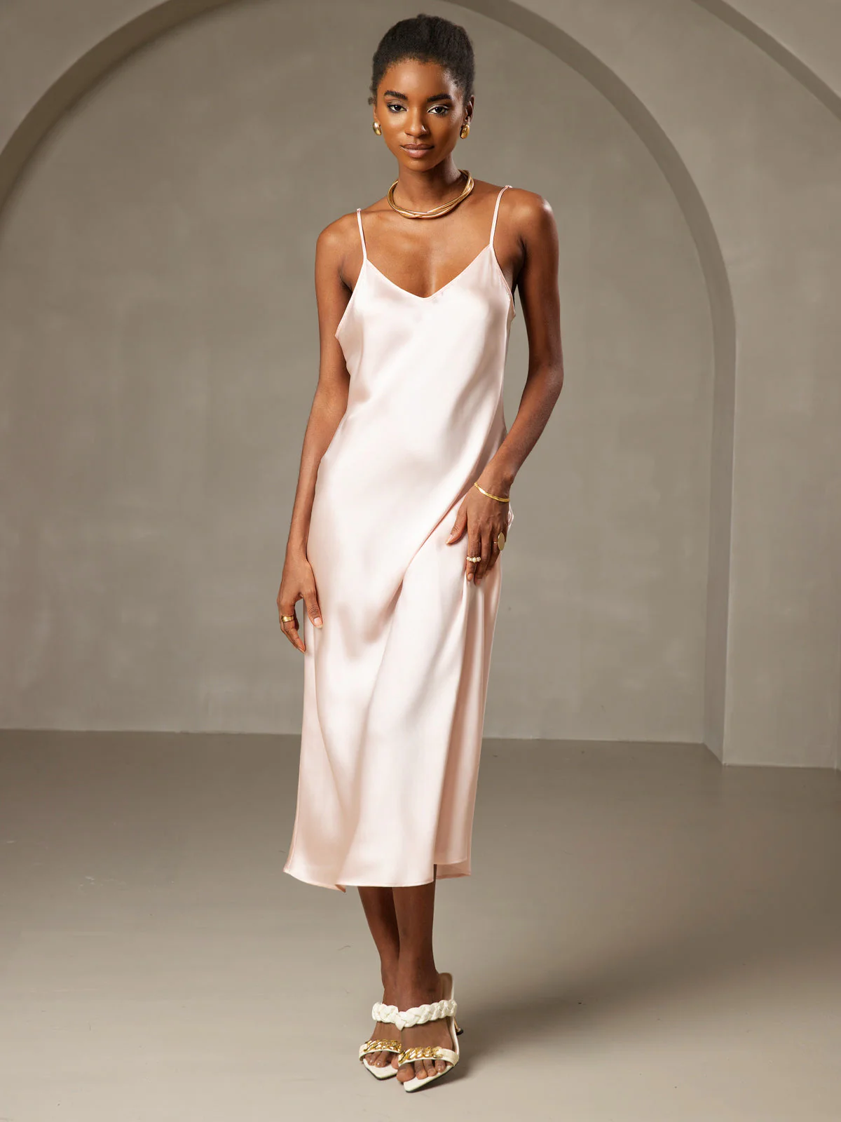 Pure Silk Spaghetti Strap V Neck Midi Dress - Image 39