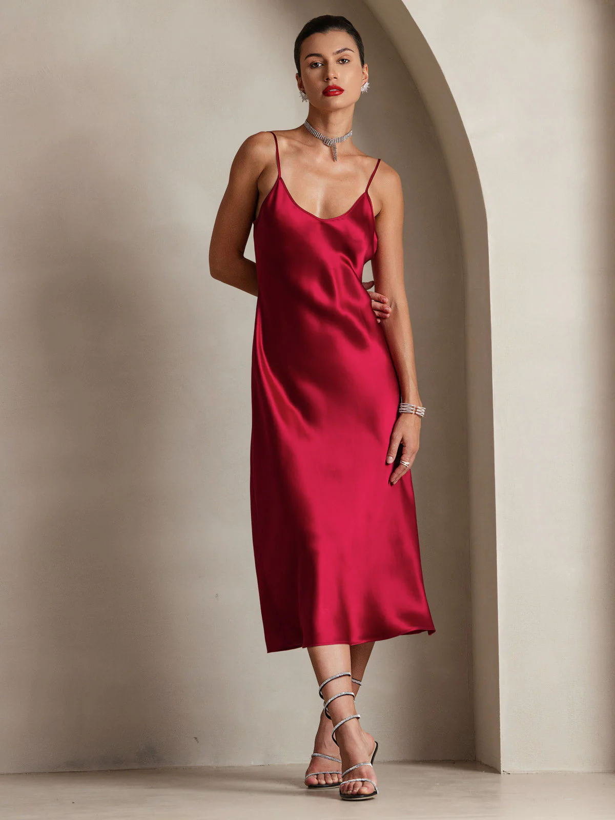 Pure Silk Spaghetti Strap V Neck Midi Dress - Image 41
