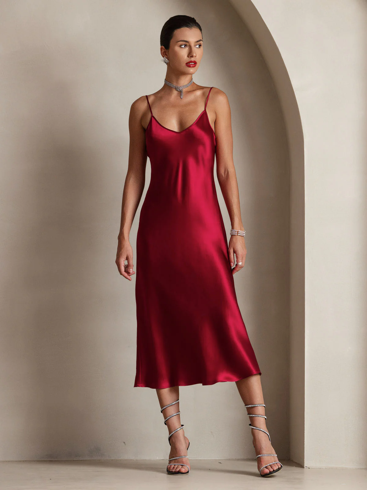 Pure Silk Spaghetti Strap V Neck Midi Dress - Image 46