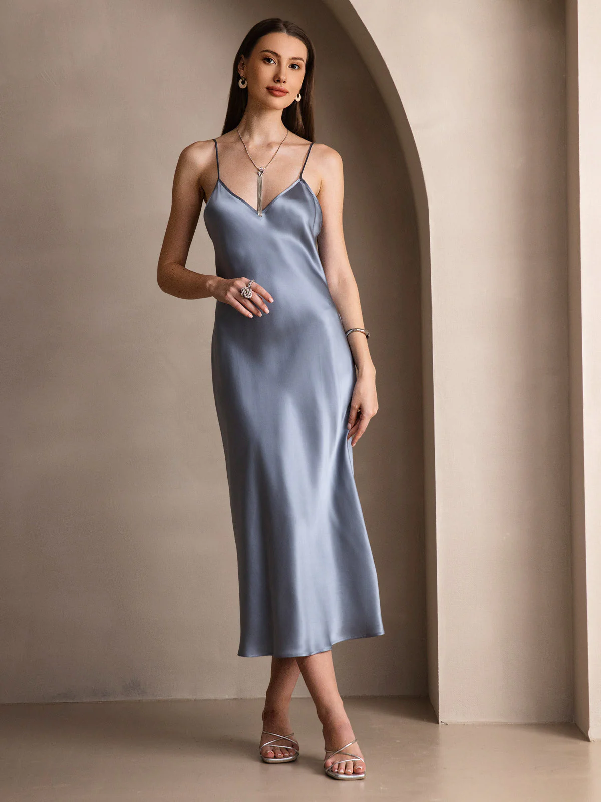 Pure Silk Spaghetti Strap V Neck Midi Dress - Image 56