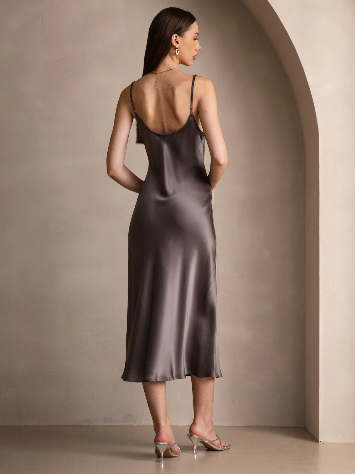Pure Silk Spaghetti Strap V Neck Midi Dress - Image 60