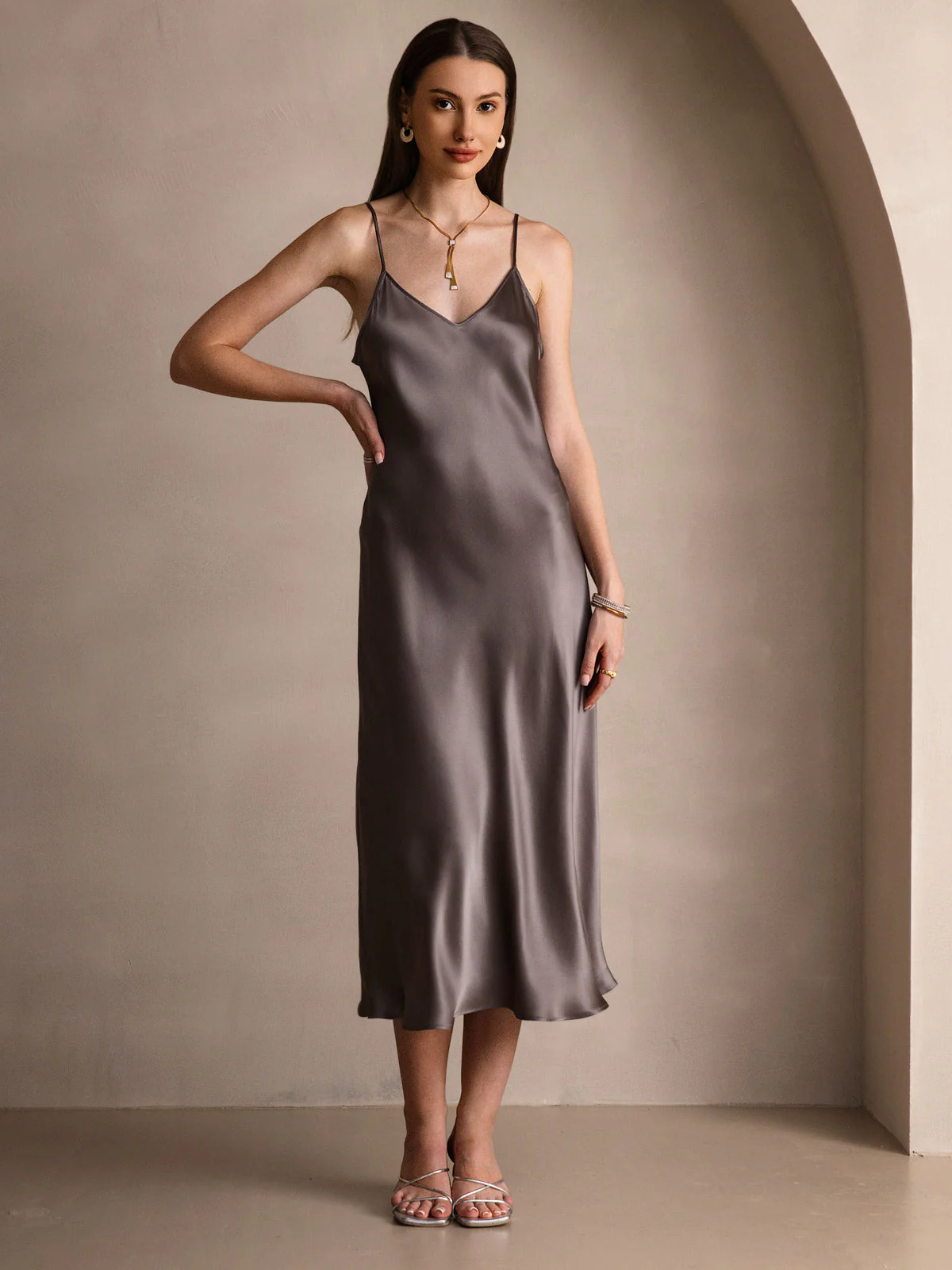 Pure Silk Spaghetti Strap V Neck Midi Dress - Image 61