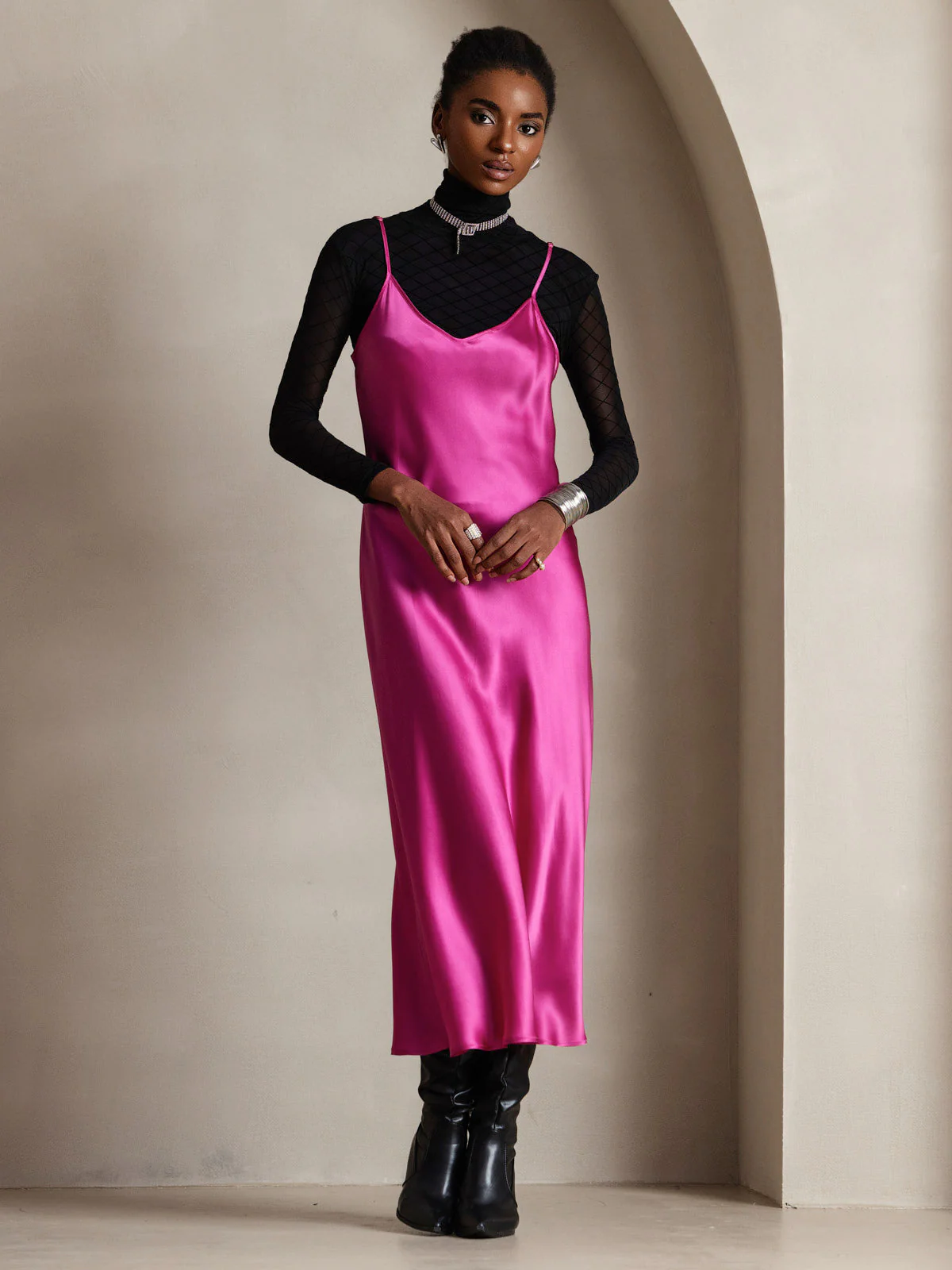 Pure Silk Spaghetti Strap V Neck Midi Dress - Image 65