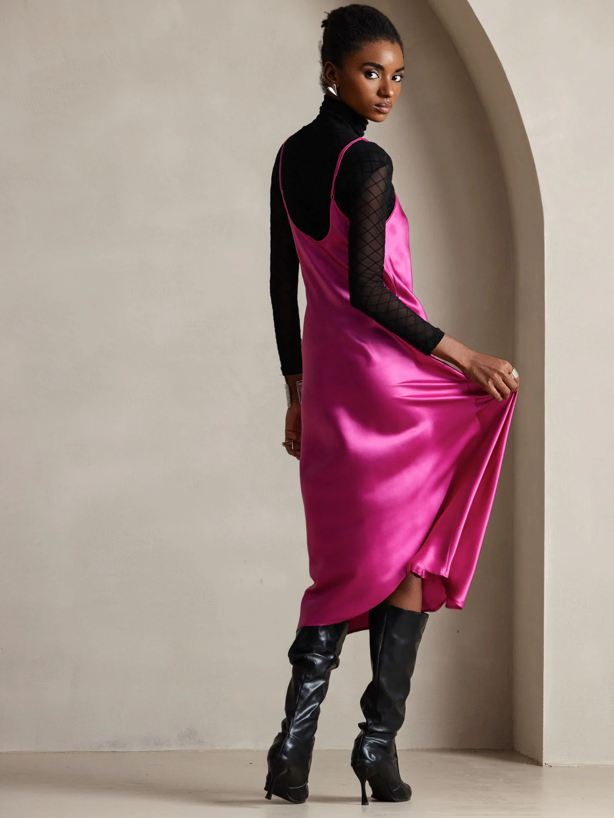 Pure Silk Spaghetti Strap V Neck Midi Dress - Image 66