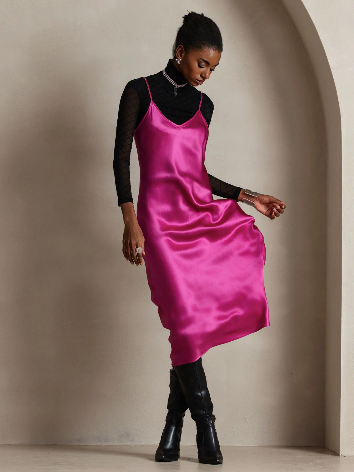 Pure Silk Spaghetti Strap V Neck Midi Dress - Image 68
