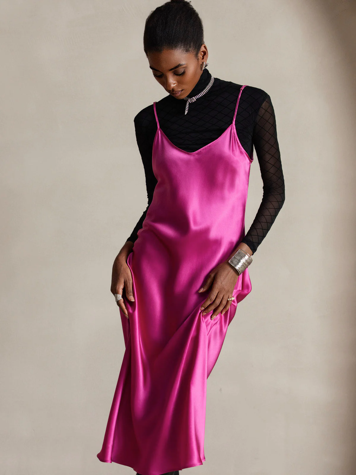 Pure Silk Spaghetti Strap V Neck Midi Dress - Image 69