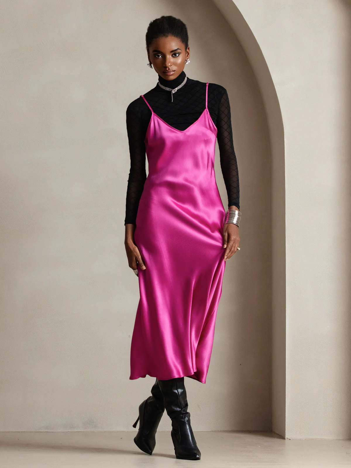 Pure Silk Spaghetti Strap V Neck Midi Dress - Image 70
