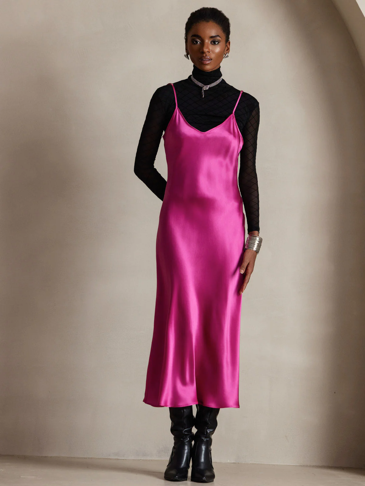 Pure Silk Spaghetti Strap V Neck Midi Dress - Image 71
