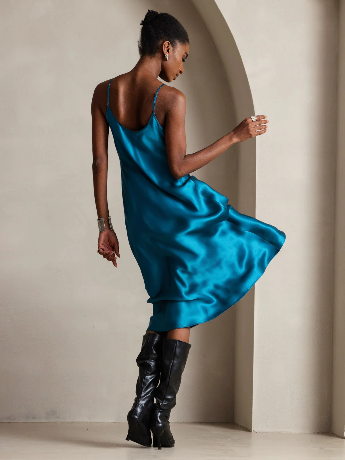 Pure Silk Spaghetti Strap V Neck Midi Dress - Image 73