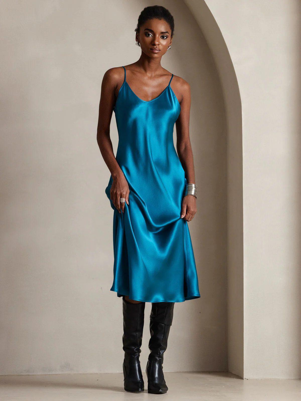 Pure Silk Spaghetti Strap V Neck Midi Dress - Image 75