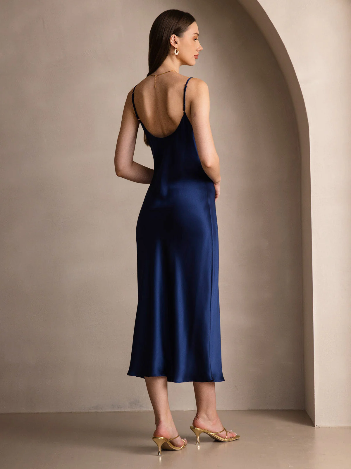 Pure Silk Spaghetti Strap V Neck Midi Dress - Image 79