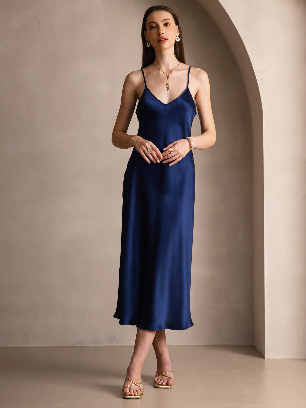 Pure Silk Spaghetti Strap V Neck Midi Dress - Image 80