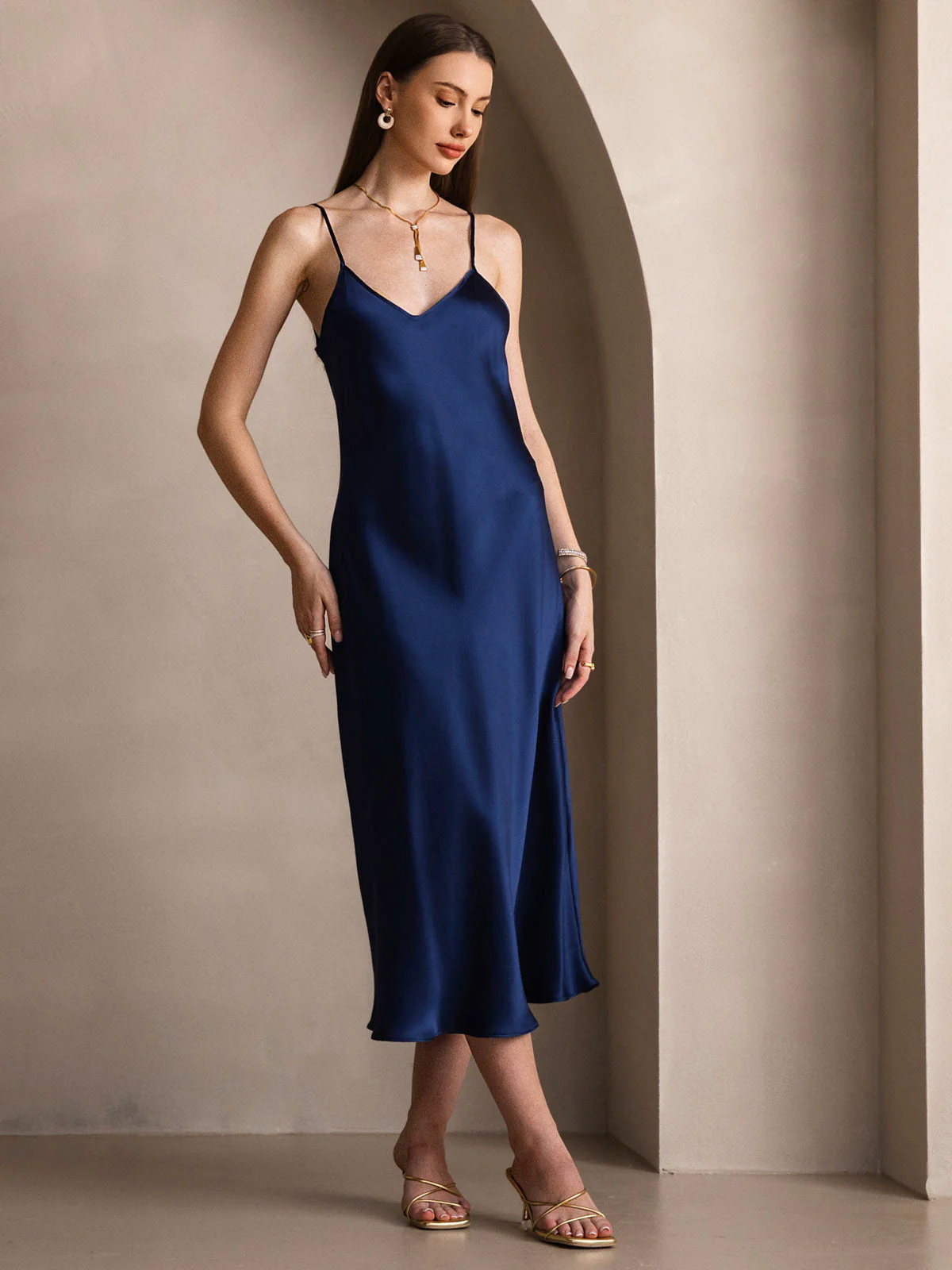 Pure Silk Spaghetti Strap V Neck Midi Dress - Image 82