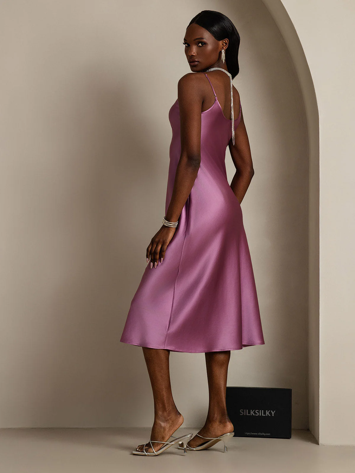 Pure Silk Spaghetti Strap V Neck Midi Dress - Image 84