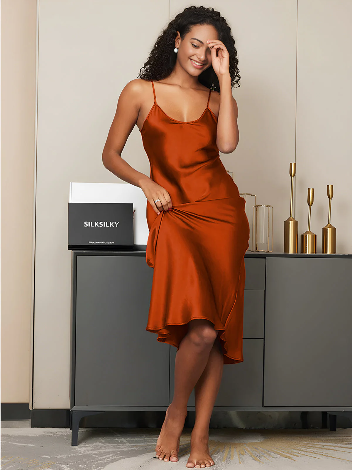 Pure Silk Spaghetti Strap V Neck Midi Dress - Image 92