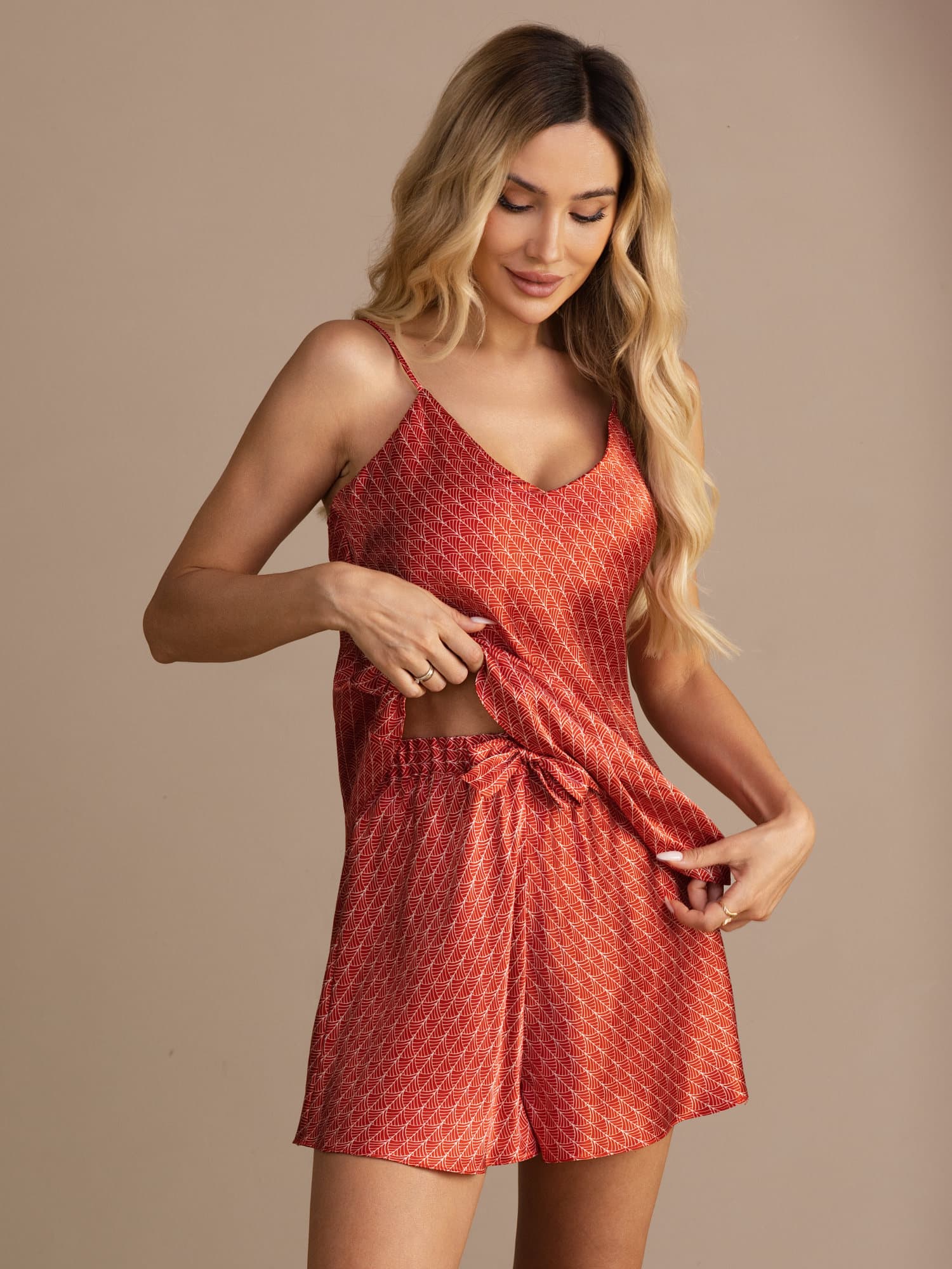 Pure Silk Navy Ginkgo Print Spaghetti Strap V Neck Camisole Set - Image 11