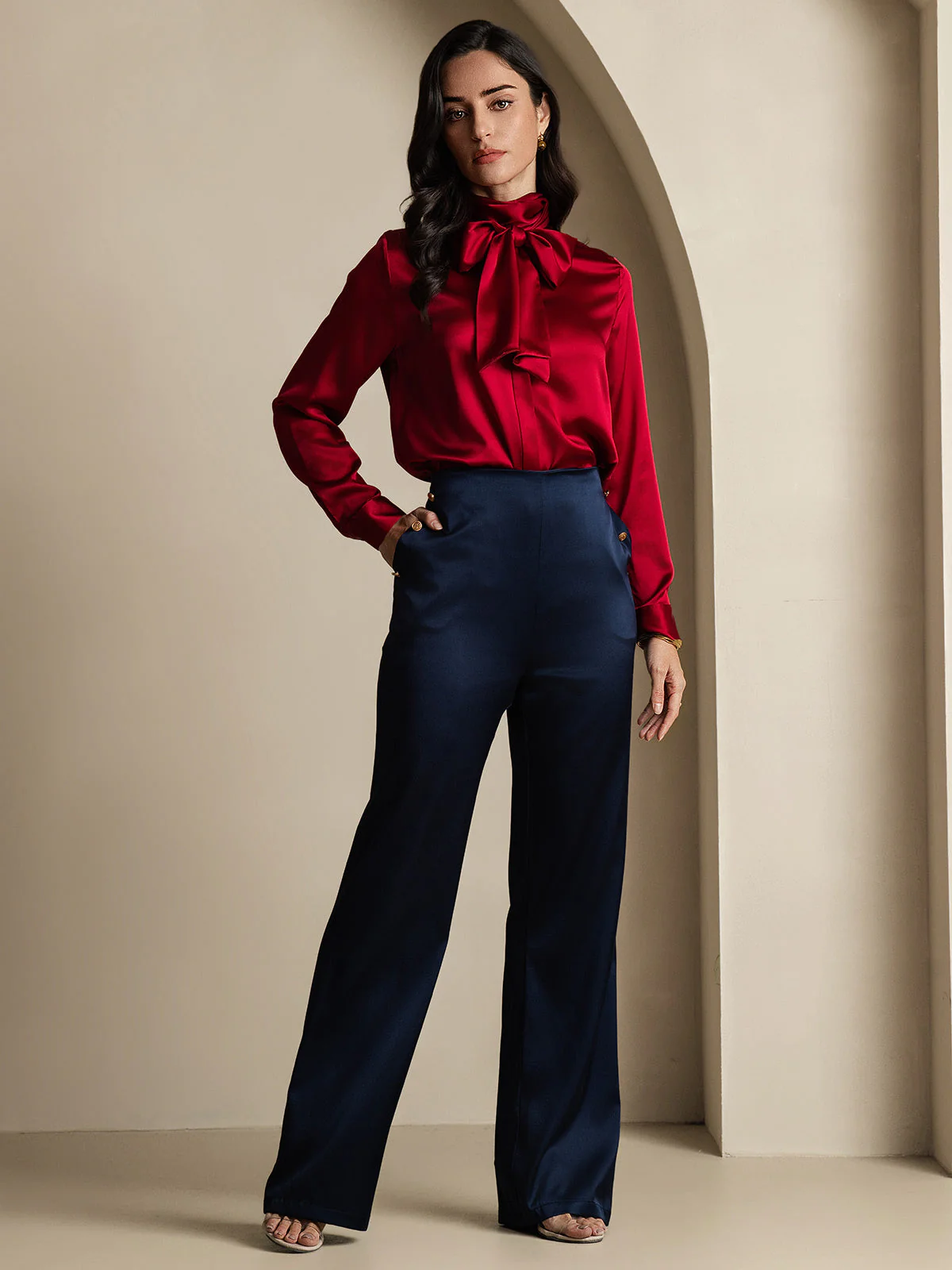 19Momme Silk High Waist Straight Fit Women's Pants with Back Elastic Waist Design - Image 10