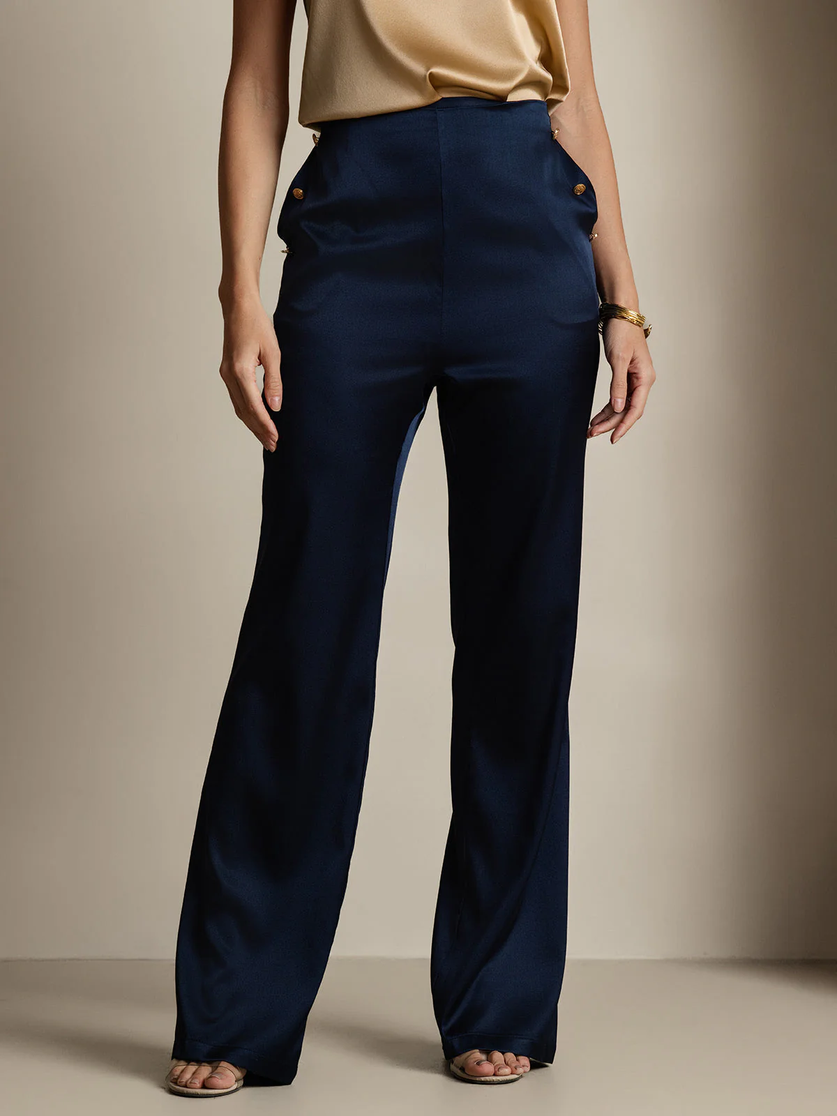 19Momme Silk High Waist Straight Fit Women's Pants with Back Elastic Waist Design - Image 12