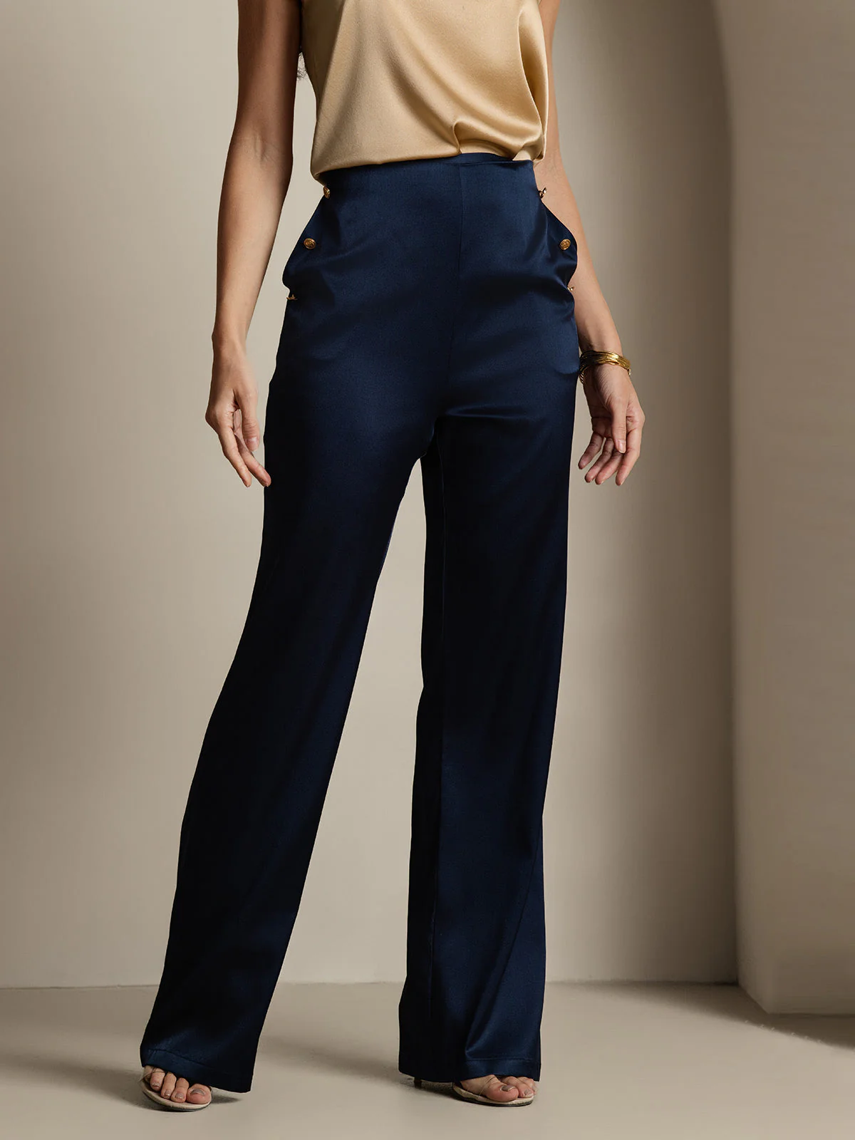 19Momme Silk High Waist Straight Fit Women's Pants with Back Elastic Waist Design - Image 14