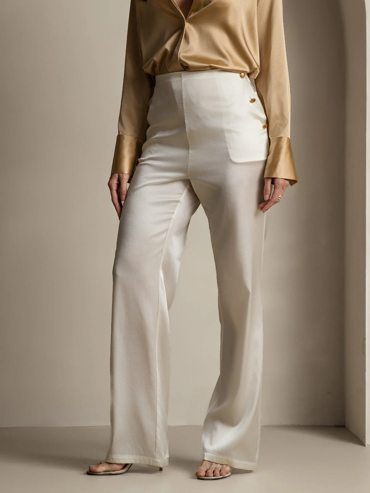 Clearance - 19Momme Silk High Waist Straight Fit Women's Pants with Back Elastic Waist Design - Image 3