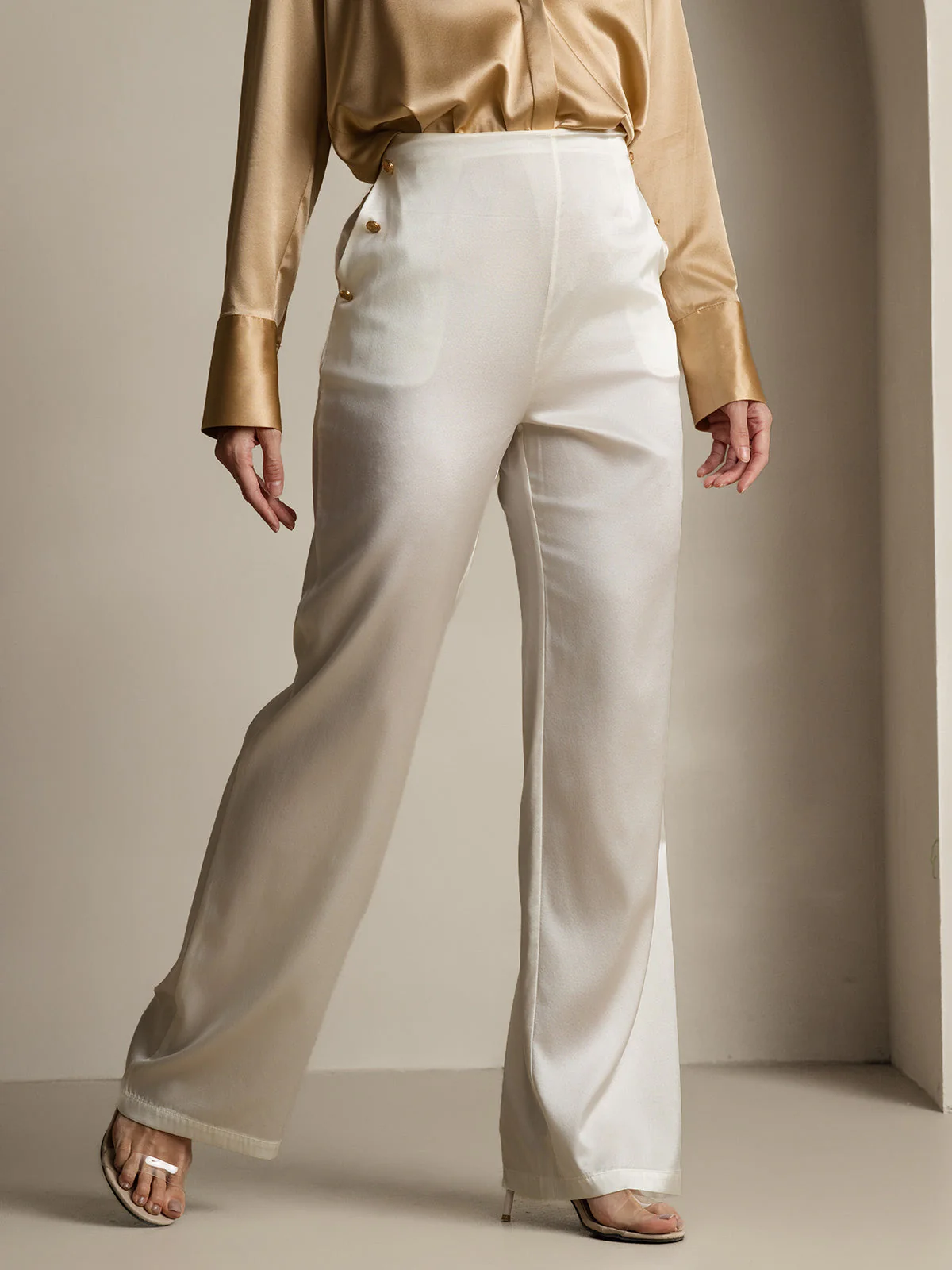 Clearance - 19Momme Silk High Waist Straight Fit Women's Pants with Back Elastic Waist Design - Image 4