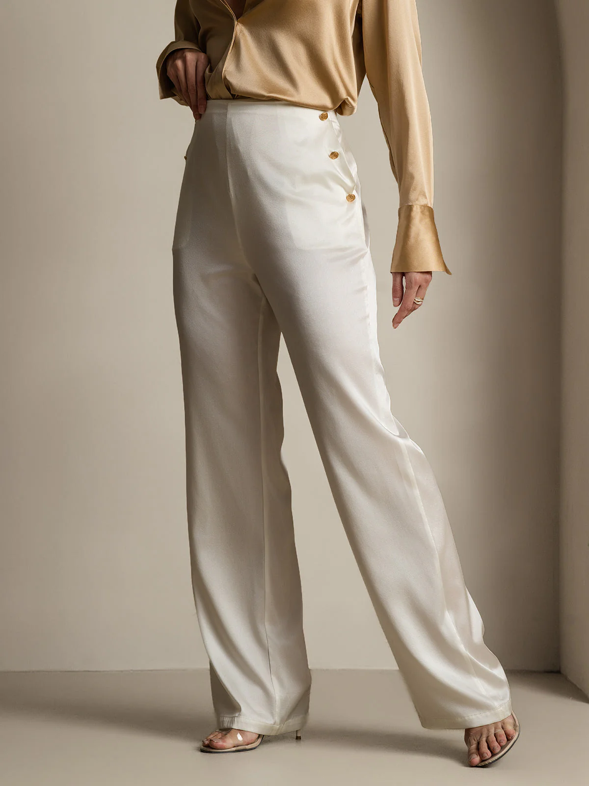 Clearance - 19Momme Silk High Waist Straight Fit Women's Pants with Back Elastic Waist Design - Image 6