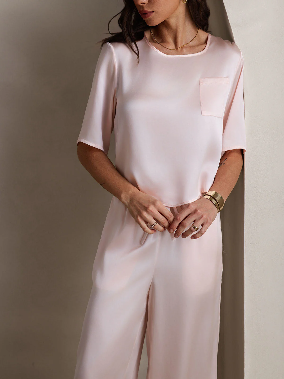 Women's Pure Silk Half Sleeve Round Neck Pyjamas Set - Image 19