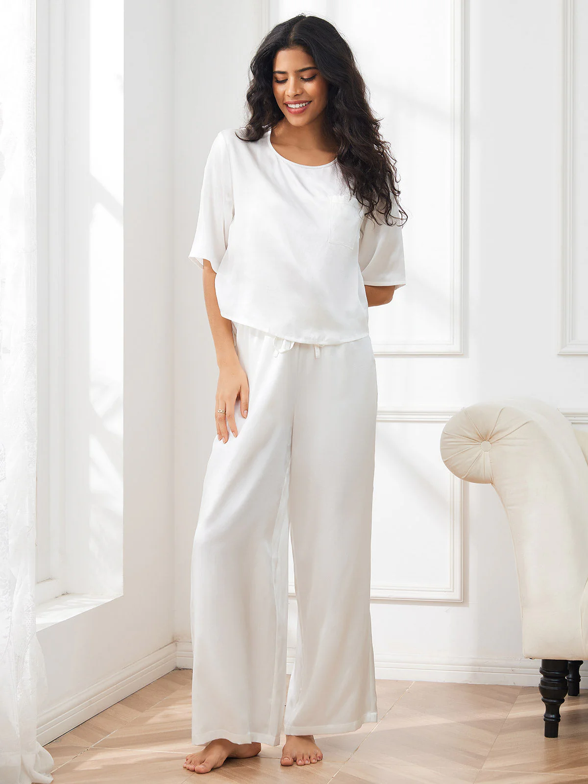 Women's Pure Silk Half Sleeve Round Neck Pyjamas Set - Image 37