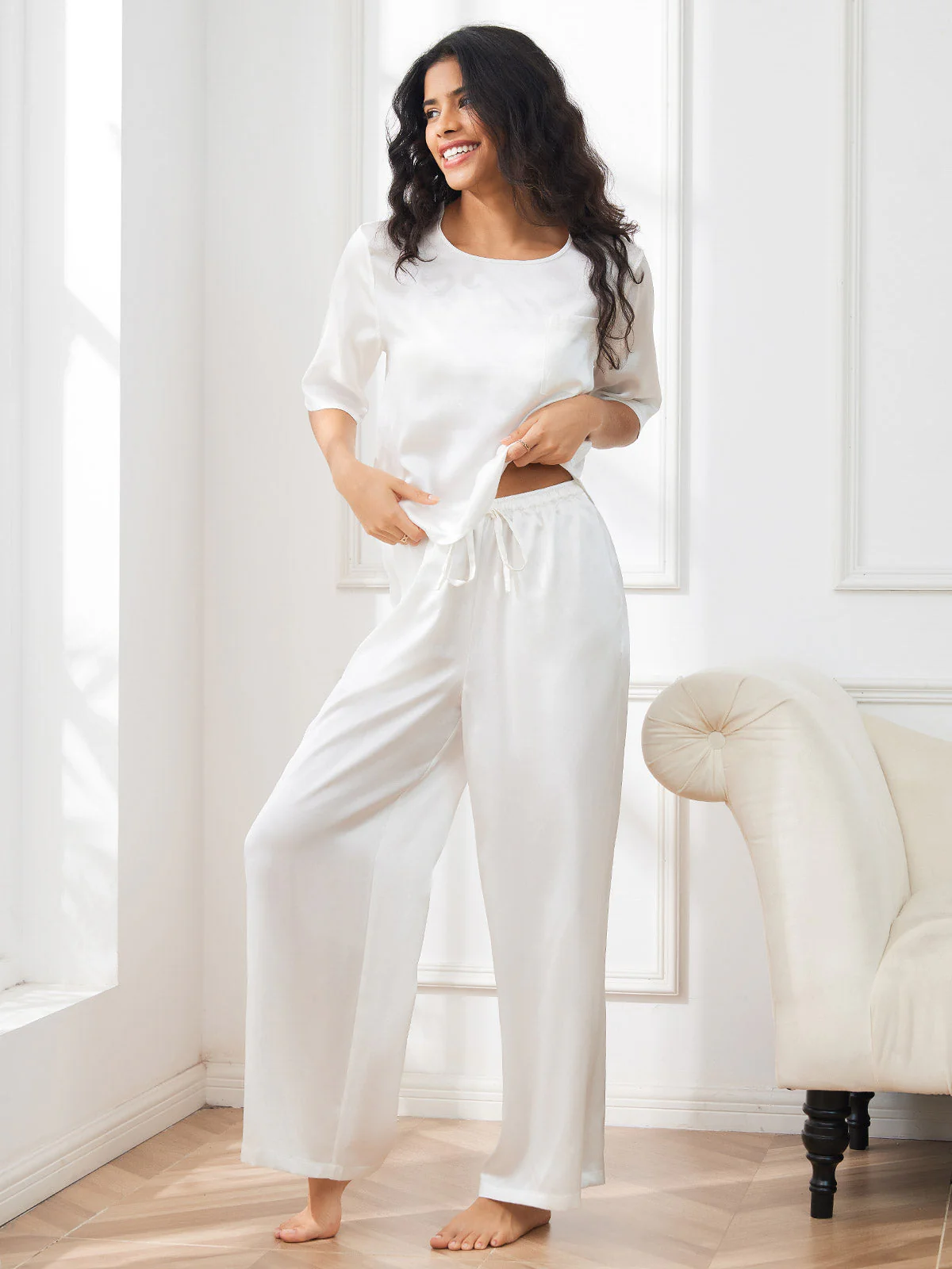 Women's Pure Silk Half Sleeve Round Neck Pyjamas Set - Image 40