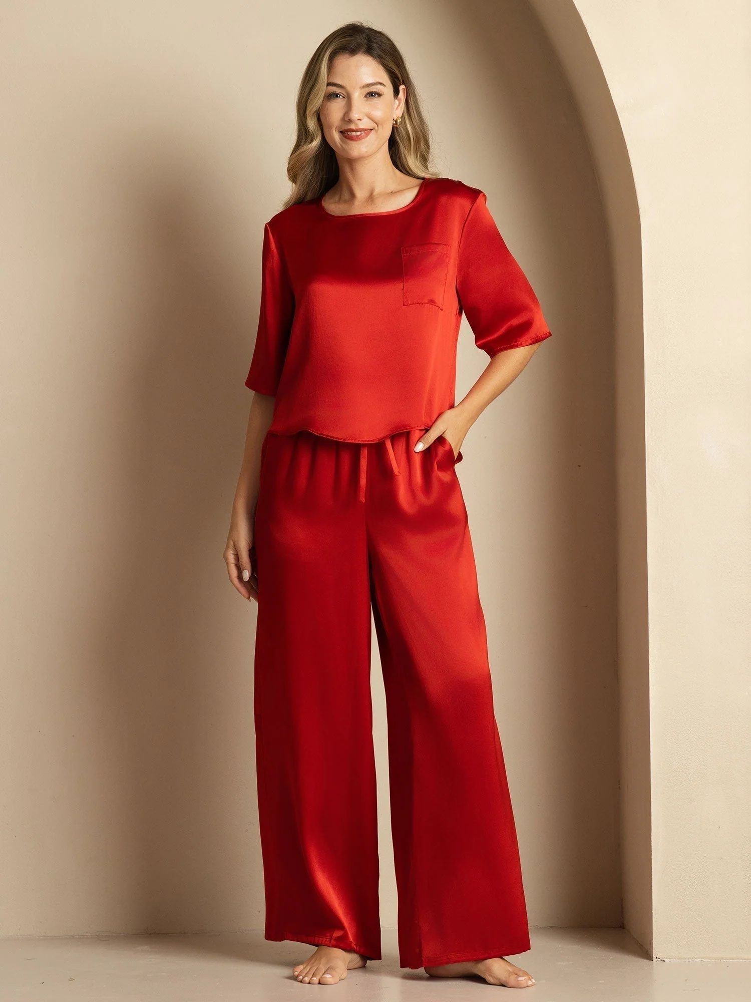 Women's Pure Silk Half Sleeve Round Neck Pyjamas Set - Image 54