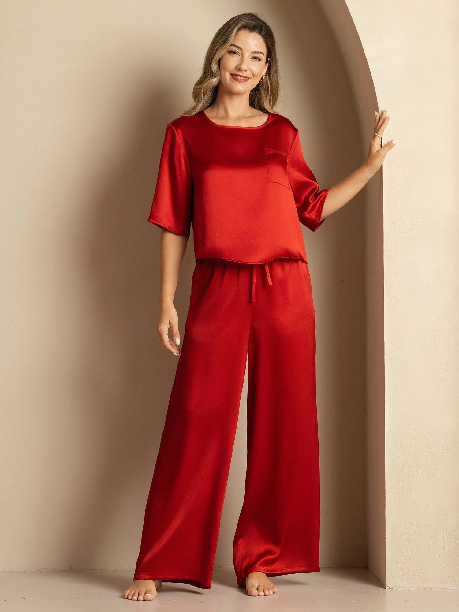 Women's Pure Silk Half Sleeve Round Neck Pyjamas Set - Image 56